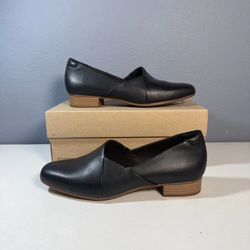 Clarks Collection Loafers Womens 6.5 Black Excellent Leather Slip On Block Heel